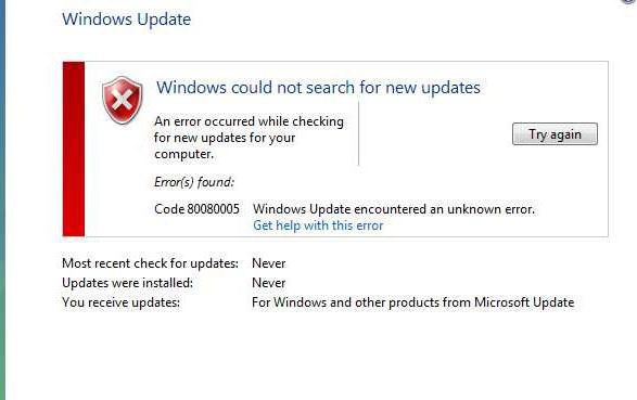 Windows 7 aktualizaci chyby 80080005